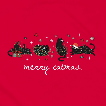 Red shirt with black cat-themed Christmas design and 'merry catmas' text.