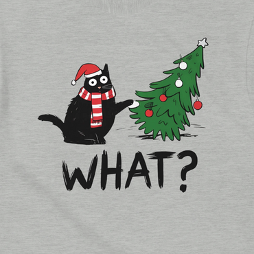 Gray sweatshirt with a black cat wearing a Santa hat, red and white striped scarf, and a Christmas tree with ornaments. The word 'WHAT?' is displayed below.
