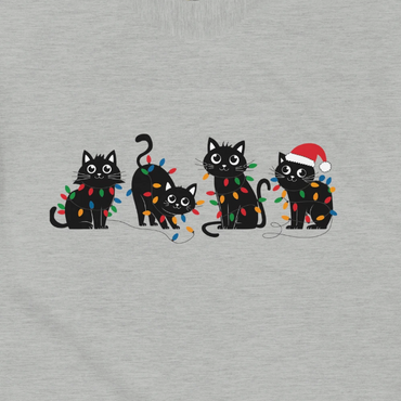 Gray sweatshirt with black cat illustrations wearing Christmas lights and a Santa hat on a gray background