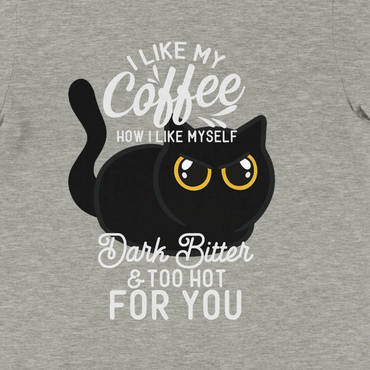 Gray t-shirt with a black cat graphic and humorous coffee text on a plain background