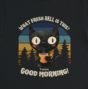 Black t-shirt with a black cat holding a coffee cup and text in a forest setting.