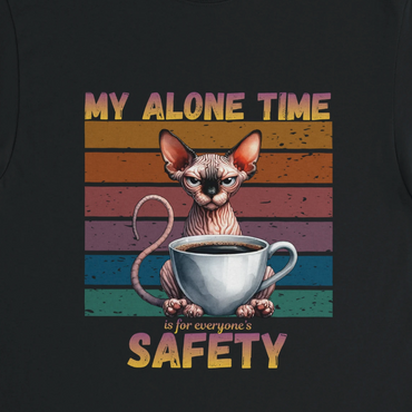 T-shirt with a cartoon cat holding a coffee cup and text on a black background