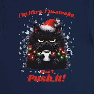 Navy blue shirt with a black cat wearing a Santa hat, surrounded by Christmas lights and text.