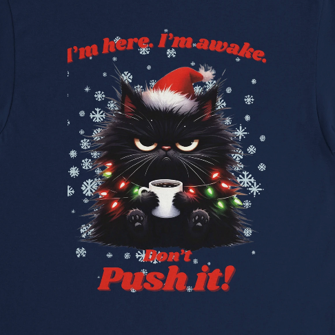 Navy blue shirt with a black cat wearing a Santa hat, surrounded by Christmas lights and text.