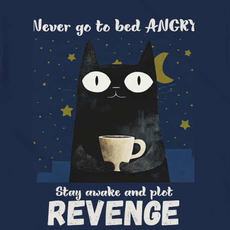 Cat holding a mug with text 'Never go to bed angry. Stay awake and plot revenge' on a dark blue background with stars and a moon.