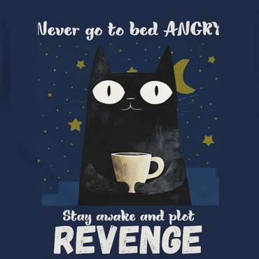 Cat holding a mug with text 'Never go to bed angry. Stay awake and plot revenge' on a dark blue background with stars and a moon.