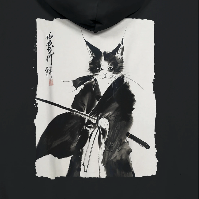 Samurai Cat. Premium Fleece Adult Hoodie | PRINT ON BACK.