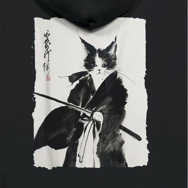 Samurai Cat. Premium Fleece Adult Hoodie | PRINT ON BACK.