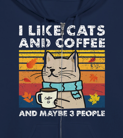 Navy blue hoodie with a graphic of a cat holding a coffee cup and text 'I like cats and coffee and maybe 3 people' on a colorful sunset background.